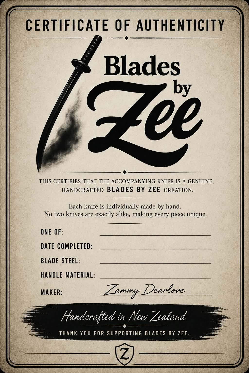 Official Blades by Zee Certificate of Authenticity